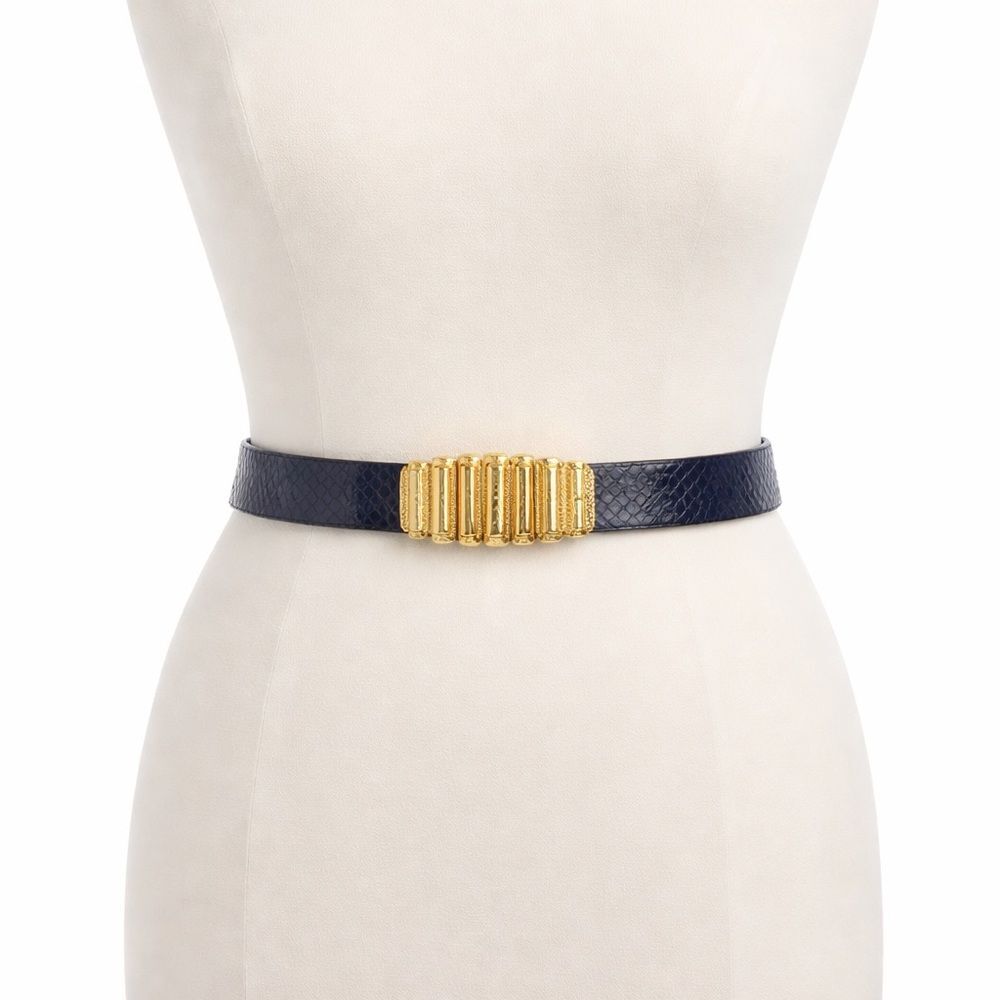 Douglas Paquette Navy Blue Belt Snake Pattern Gold Tone Chunky Buckle 80s Large